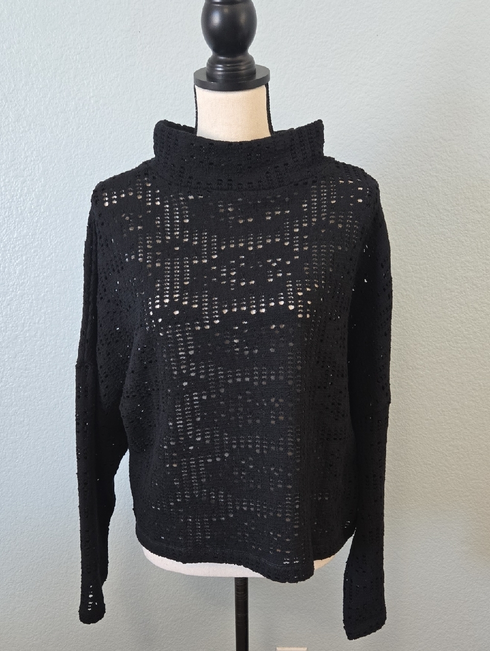 XD XENIA DESIGN Black Open-Knit Turtleneck Sweater Dropped Sleeve L / XL